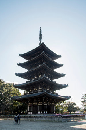 Nara, Japan- 27 Nov, 2019: The Five-Storied Pagoda of Kofukuji Temple in Nara, Japan. The temple was once one of the powerful Seven Great Temples in Nara, Japan.のeditorial素材