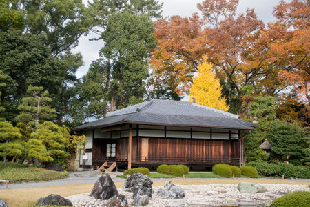Kyoto, Japan- 25 Nov, 2019: Seiryu-en garden and Teahouse at Nijo Castle in Kyoto Japan. A flatland castle is designated by UNESCO as a World Heritage Siteのeditorial素材