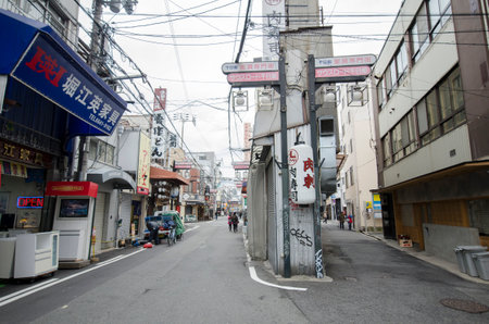 Osaka, Japan- 28 Nov, 2019: Clean and quiet Japan street in the morning in Osaka. Osaka is well-known for its modern architecture, nightlife and hearty street foodのeditorial素材
