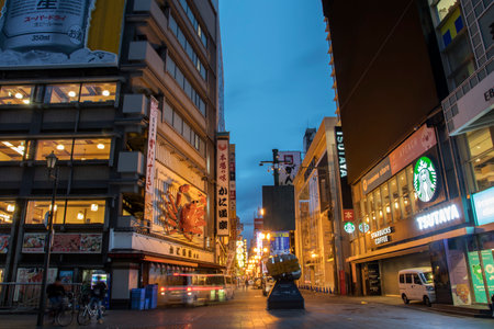 Osaka, Japan- 28 Nov, 2019: Quiet Dotonbori area in Osaka during the dawn period. Dotonbori is a popular, colourful district in the Namba areaのeditorial素材