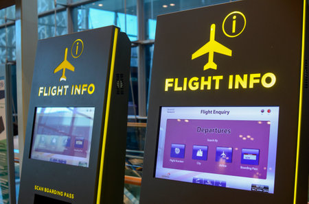 Singapore- 23 Nov, 2019: Flight info panel at Changi Airport Singapore. Singapore airport provides the best shopping experience to the passengers.のeditorial素材