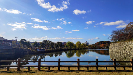 Himeji, Japan- 30 Nov, 2019: Moat of Himeji Castle in autumn. The castle is Japan unique architecture, built in the 17th centuryのeditorial素材