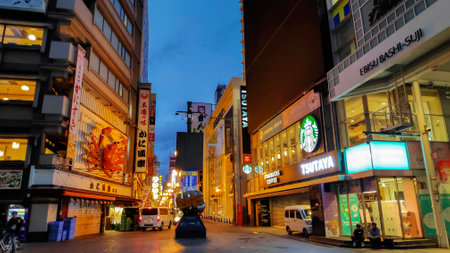 Osaka, Japan- 28 Nov, 2019: Quiet Dotonbori area in Osaka during the dawn period. Dotonbori is a popular, colourful district in the Namba areaのeditorial素材
