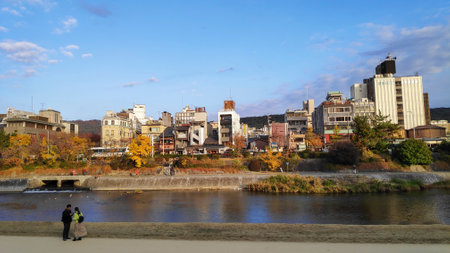 Kyoto, Japan- 26 Nov, 2019: Beautiful scenery of Kamo river in Kyoto city, Japan. The banks of the Kamo River are a perfect getaway from the bustle of the cityのeditorial素材