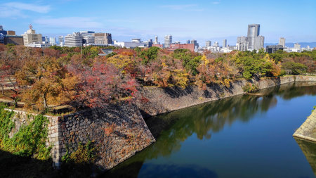 Fortification and ditch water around Osaka Castle for protection in Osaka Japanのeditorial素材