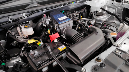 Johor Bahru, Malaysia- 20 Feb, 2020- Close-up of the engine of a modern car in Johor Bahru,...
