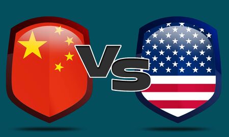 China and USA flag and shield ready to fight on trade war, 3d renderingの写真素材