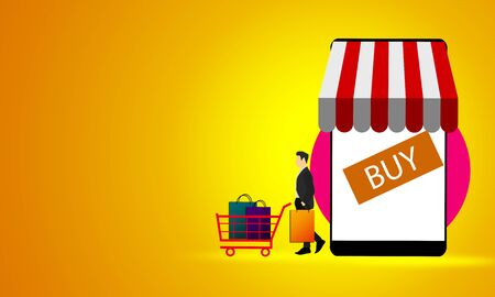 Online store concept. Businessman shops from online shop 3d renderingの写真素材