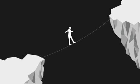Man balancing walking on rope over cliff. Business risk concept, 3d renderingの写真素材