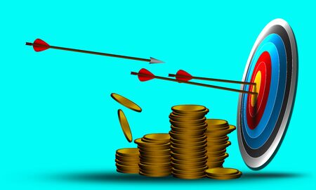Business target and arrows in the centerwith gold coin pile. Business target and achievement...