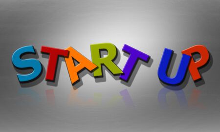 Start up phrase composed of multicolored alphabet, 3d rendering