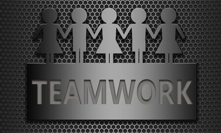 Teamwork word on a banne rwith group of puppets, 3d renderingの写真素材
