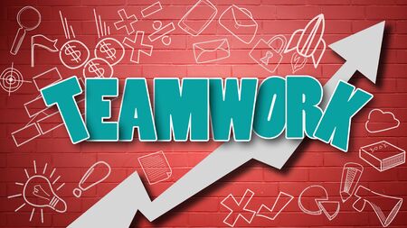 Teamwork concept with arrow and hand drawn icon on the wall. 3d renderingの写真素材