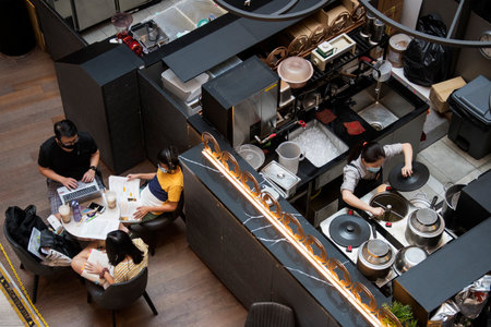 SINGAPORE, 24 Jul, 2020: Top view of a cafe in Jewel shopping center. Jewel Changi Airport is a nature-themed entertainment and retail complex on the landside of Changi Airportのeditorial素材