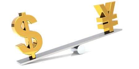 Dollar and yen sign on the balance bar, 3D renderingの写真素材