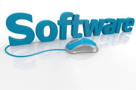 Blue computer mouse and software word, 3D rendering