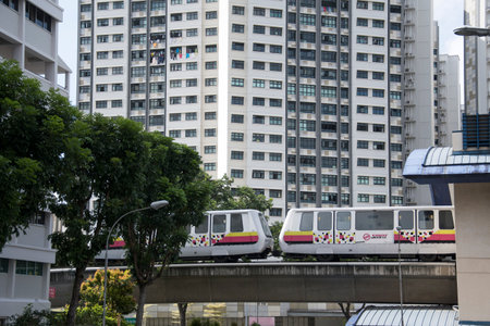 Singapore- 14 Nov, 2020: Self Driving Light Rapid Transit LRT on elevated tracks in Singapore. LRT...