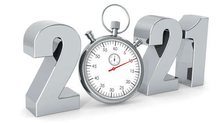 Year 2021 with stopwatch isolated, 3D rendering