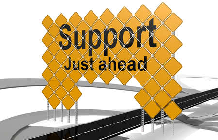 Support just ahead word on giant yellow road signs, 3D rendering