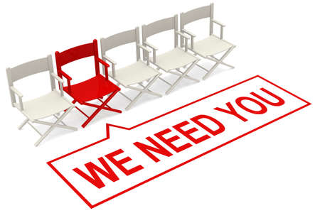We need you words with row of white chairs with one red, 3d renderingの写真素材
