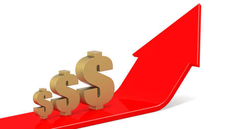 Golden dollar sign with red arrows going up, 3d renderingの写真素材