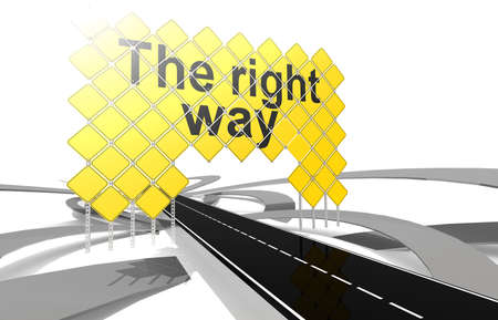 The right way word on giant yellow road signs, 3D rendering