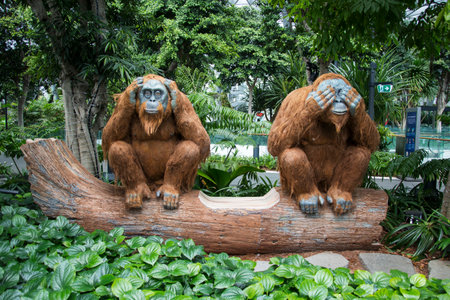Singapore - Dec 31, 20120: Orangutan sculptures located in Topiary Walk at Jewel Changi Airport....