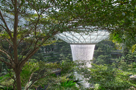 Singapore - Dec 31, 20120: General view of the tallest indoor waterfall in the world at Jewel Changi Singapore, surrounded by terraced forests.のeditorial素材