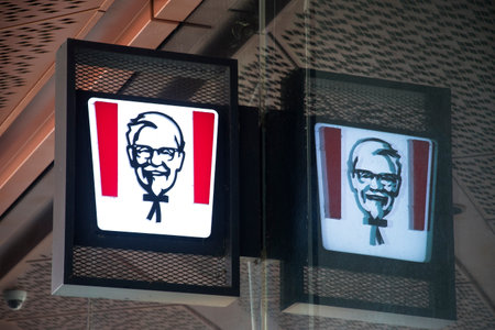 Singapore- 6, Sep 2021: Fast food restaurant KFC logo in the shopping centerのeditorial素材
