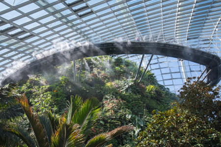 Singapore- Sep 9, 2021: Cloud Forest Conservatory in Gardens by the Bay in Singapore with cool-moist green mountain.のeditorial素材