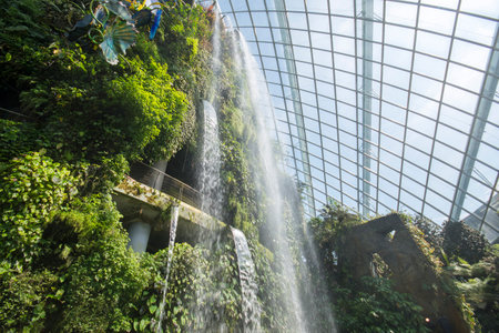 Singapore- Sep 9, 2021: Waterfall inside of the Cloud Forest Dome at Gardens by the Bay in Singaporeのeditorial素材