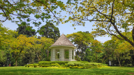 Singapore- 16 Oct, 2021: Gazebo or white bandstand at Singapore Botanic Gardens. The octagonal gazebo known as the Bandstand was erected in 1930 and has retained its original shapeのeditorial素材
