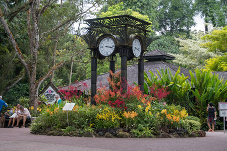 Singapore- 16 Oct, 2021: World clock near orchid garden in Singapore Botanic Gardensのeditorial素材
