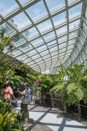 Singapore- 16 Oct, 2021: Sembcorp Cool House in National Orchid Garden of Botanic Garden Singapore. It draws visitors with its cool air, drifting mist and waterfall.のeditorial素材