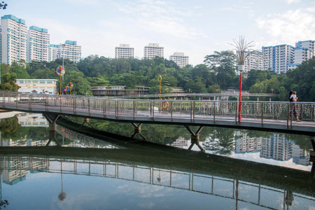 Singapore- 23 Oct, 2021: People exercises on the Pang Sua boardwalk on the Pang Sua Pond in Bukit Panjang, Singapore.のeditorial素材