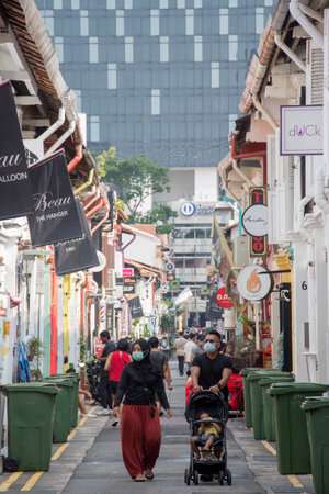 Singapore- 24 Oct, 2021: Unidentified people visit Haji Lane in Singapore. Haji Lane is popular for its cafes and boutiquesのeditorial素材