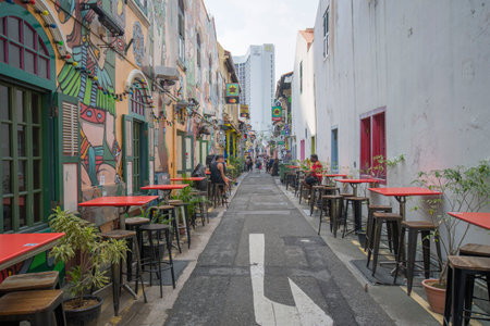 Singapore- 24 Oct, 2021: Unidentified people visit Haji Lane in Singapore. Haji Lane is popular for its cafes and boutiquesのeditorial素材