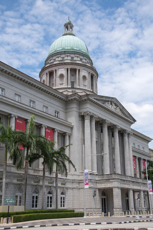 Singapore- 14 Nov, 2021: Beautiful Singapore National Gallery against a blue sky with cloudsのeditorial素材