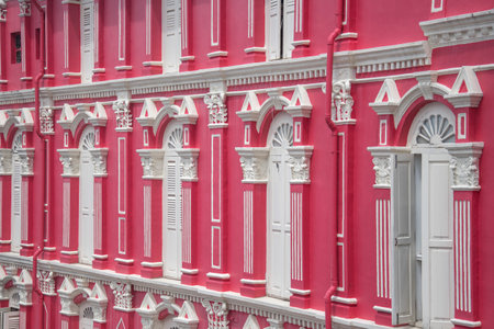 Singapore Jan 02 2022: Facade of famous colorful colonial shop houses in Singapore Chinatown streetsのeditorial素材