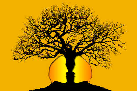 Human faces and tree silhouette, 3d rendering