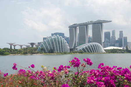 Singapore- Mar 26, 2020: Singapore skyline, Marina Bay Sand and Gardens by the Bay in Singapore, view from Marina Barrageのeditorial素材