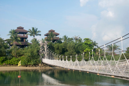 Singapore- Apr 2, 2022: Palawan Beach hanging bridge in Sentosa, Singapore. Palawan Beach lies in the centre of the southern coast of Sentosa, Singapore.のeditorial素材
