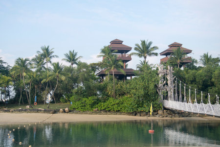 Singapore- Apr 2, 2022: Palawan Beach hanging bridge in Sentosa, Singapore. Palawan Beach lies in the centre of the southern coast of Sentosa, Singapore.のeditorial素材