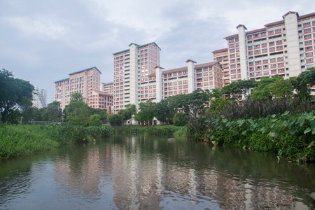 Singapore- 9 Apr, 2022: Scenic view from Bishan-Ang Mo Kio Park in Singapore. It is one of the largest urban parks in central Singaporeのeditorial素材