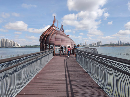 Singapore- 23 Jan, 2022: Observation point called Eagle Point and sea view Sungei Buloh Wetland Reserve Singapore. It is located of northwest area of Singapore.のeditorial素材