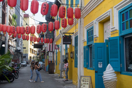 Kuala Lumpur, Malaysia- Apr 17, 2022: The old historical houses and shops at Lorong or Jalan...