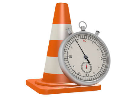 Traffic cone with stopwatch isolated, 3d rendering