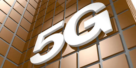 Building facade with 5G sign on it, 3d renderingの写真素材