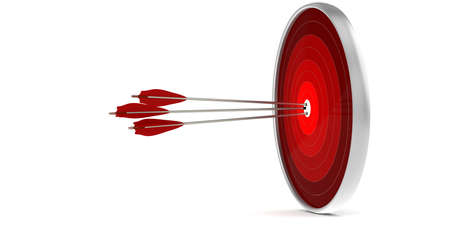 Arrow hit on the bulleye of target board, 3d rendering