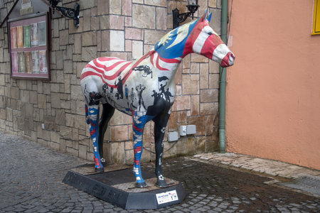 Bukit Tinggi, Malaysia- Jun 9, 2022: Replica horse at Entrance of Colmar Tropicale, which is a replica of a 16th Century French Village in Bukit Tinggi, Malaysia.のeditorial素材